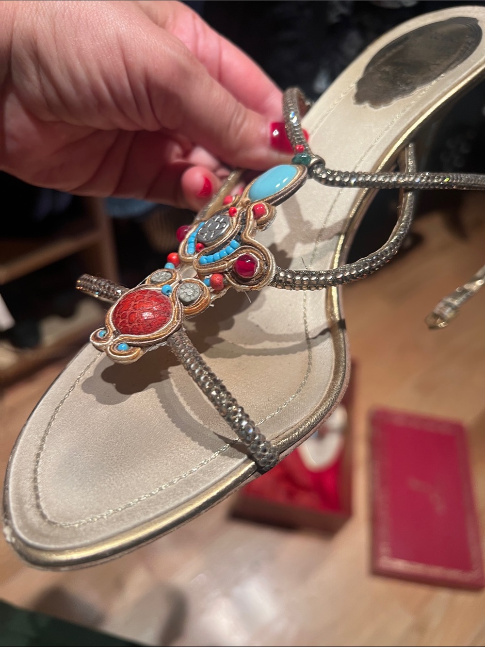 Rene Caovilla Beige Sandals with Turquoise and Red Embellishments - Picture 5 of 9